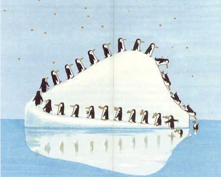 Pingviner i kretslopp runt isberg genom vattnet fr att fnga fisk.