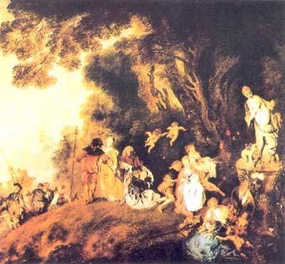 Tavla av Watteau. (Skogsbryn med mrk skog i bakgrunden)